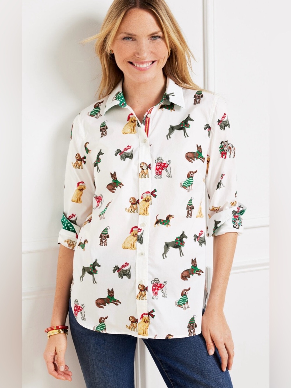 Talbots White Cotton Festive Button-Front Shirt "Dogs of Christmas" Print, Large